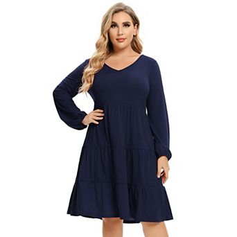 Women's Plus Size Long Sleeve V Neck Midi Dress
