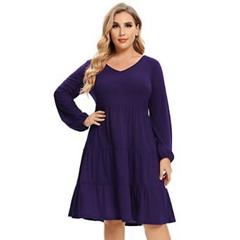 Women's Plus Size Long Sleeve V Neck Midi Dress