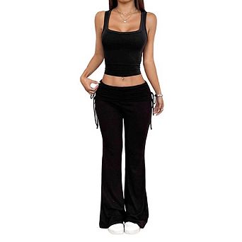 Women's Casual Vest Tie-Waist Flared Pants Matching Set Two Piece Sets Summer Outfits Lounge Sets