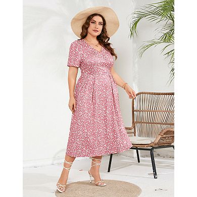 Women's Plus Size Short Sleeve V-Neck Loose Casual Summer Midi Dress