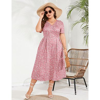 Women's Plus Size Short Sleeve V-Neck Loose Casual Summer Midi Dress