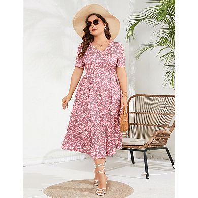 Women's Plus Size Short Sleeve V-Neck Loose Casual Summer Midi Dress