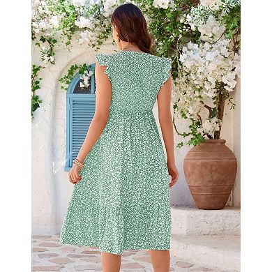 Women's Maternity V-Neck Ruffle Sleeve Button Print Midi Dress