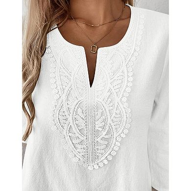 Women's Boho V Neck Lace Blouse 3/4 Sleeve Linen Look Bohemian Shirt