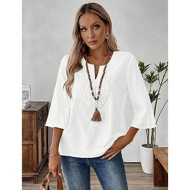 Women's Boho V Neck Lace Blouse 3/4 Sleeve Linen Look Bohemian Shirt