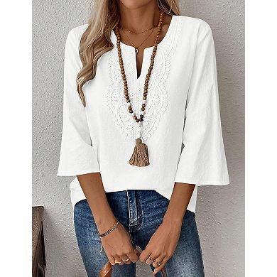 Women's Boho V Neck Lace Blouse 3/4 Sleeve Linen Look Bohemian Shirt