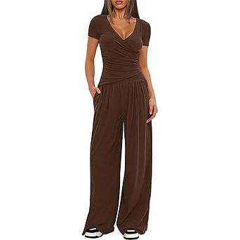 Women's 2 pc Matching Lounge Set Short Sleeve V Neck Ruched Top High Waist Wide Leg Pants Set