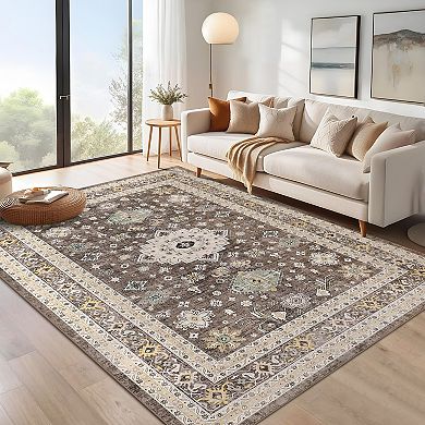 Vintage Area Rug Non Slip Foldable Low Pile Ultra Thin Pet Friendly Floor Cover for Bedroom Kitchen