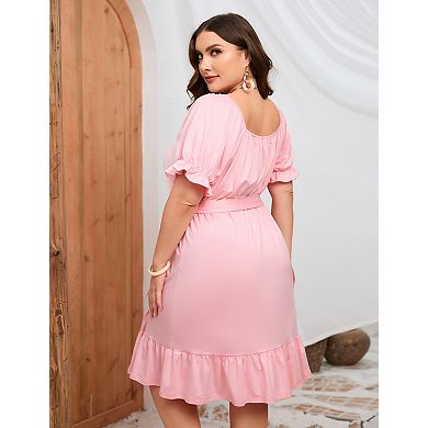 Women's Plus Size Short Sleeve Square Neck Ruffled Hem Midi Dress