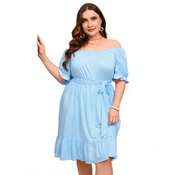Women's Plus Size Short Sleeve Square Neck Ruffled Hem Midi Dress