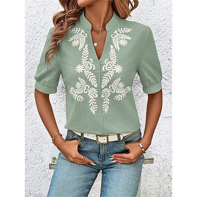 Summer Casual Cotton Embroidered Shirt V-Neck Short Sleeve Blouse