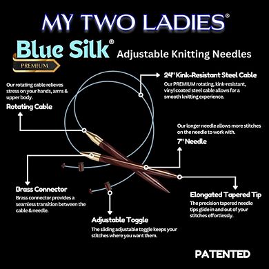Blue Silk Duo Set Adjustable Knitting Needles US 8 (5mm) & US 10 (6mm)
