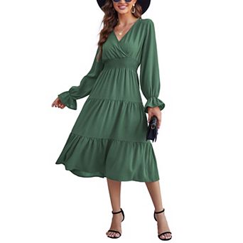 Women's Casual Wrap V Neck Long Sleeve Midi Dress Tiered A Line Pleated Flowy Long Dress