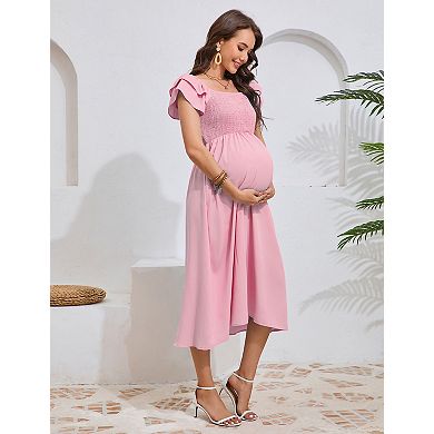 Women's Maternity Square Neck Dress with Layered Sleeves Knee Length