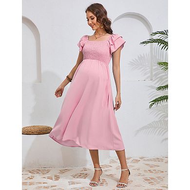 Women's Maternity Square Neck Dress with Layered Sleeves Knee Length