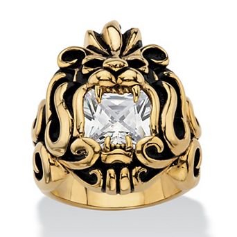 Men's 2.65 ct w. Antiqued Gold Ion-Plated Stainless Steel CZ Lion Ring