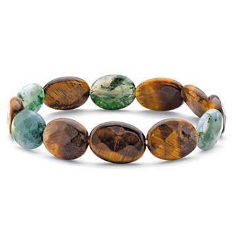 Oval Genuine Brown Tiger's Eye and Green Jasper Stretch Bracelet 8"