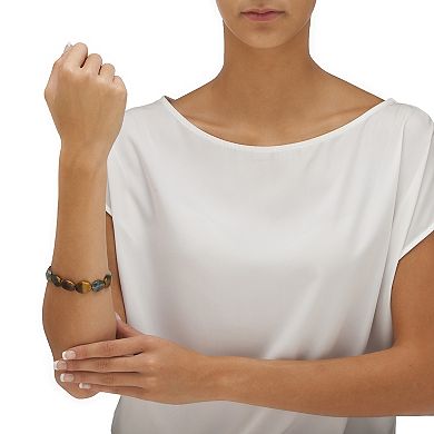 Oval Genuine Brown Tiger's Eye and Green Jasper Stretch Bracelet 8"