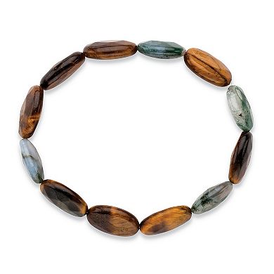 Oval Genuine Brown Tiger's Eye and Green Jasper Stretch Bracelet 8"