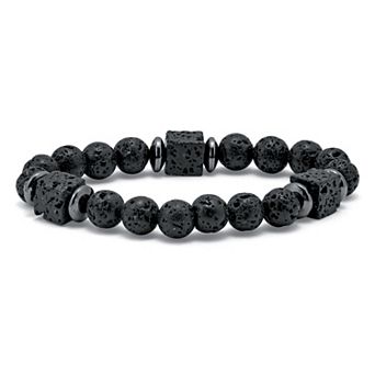 Men's Round Black Lava and Hematite Silvertone Stretch Bracelet 8.25-inch