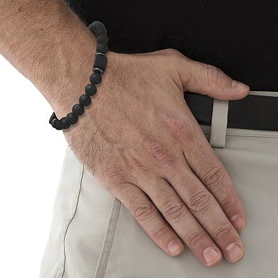 Men's Round Black Lava and Hematite Silvertone Stretch Bracelet 8.25-inch