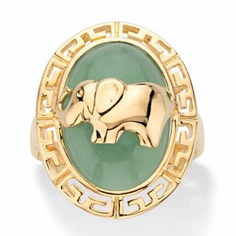 Genuine Green Jade 14k Gold-plated Sterling Silver Oval Dome Elephant Ring