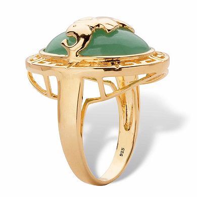 Genuine Green Jade 14k Gold-plated Sterling Silver Oval Dome Elephant Ring
