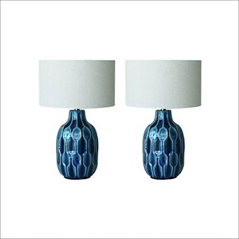 Hello Honey Embossed Ceramic Table Lamp with Linen Shade, Blue, Set of 2