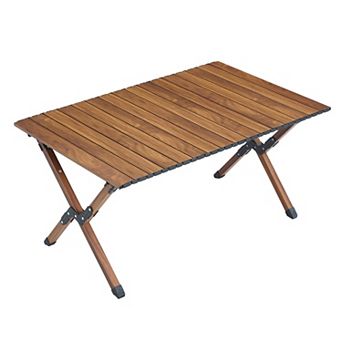 BAOURE 37-Inch Brown Wood-Look Aluminum Roll-Up Portable Folding Outdoor Camping Table