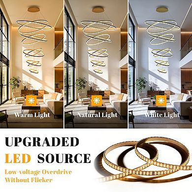 Modern 10-Ring LED Chandelier, Dimmable High Ceiling Statement Pendant Light