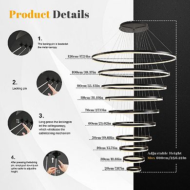 Modern 10-Ring LED Chandelier, Dimmable High Ceiling Statement Pendant Light