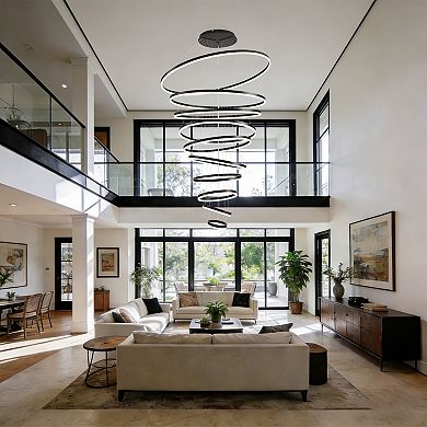 Modern 10-Ring LED Chandelier, Dimmable High Ceiling Statement Pendant Light