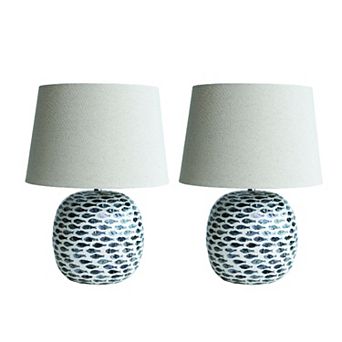 Hello Honey Coastal Capiz and Bamboo Table Lamp with Fish Design, Blue and White, Set of 2