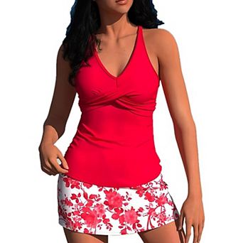 Women's Tankini Set with Floral Skirt Bottom V-Neck Racerback Two Piece Swimsuit
