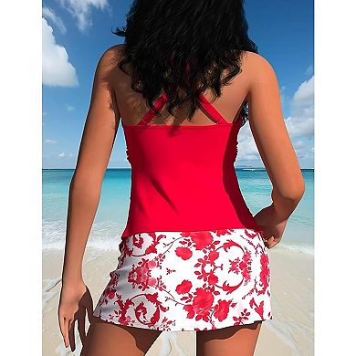 Women's Tankini Set with Floral Skirt Bottom V-Neck Racerback Two Piece Swimsuit