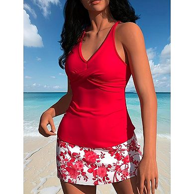 Women's Tankini Set with Floral Skirt Bottom V-Neck Racerback Two Piece Swimsuit
