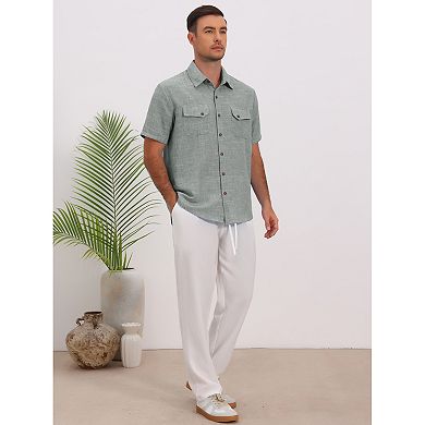 Men's Summer Shirt Dual Chest Pockets Short Sleeve Breathable Linen Shirts