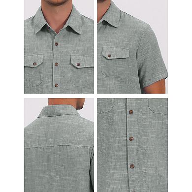 Men's Summer Shirt Dual Chest Pockets Short Sleeve Breathable Linen Shirts