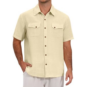 Men's Summer Shirt Dual Chest Pockets Short Sleeve Breathable Linen Shirts