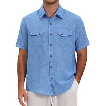 Men's Summer Shirt Dual Chest Pockets Short Sleeve Breathable Linen Shirts