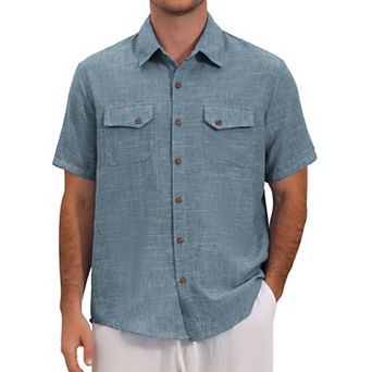 Men's Summer Shirt Dual Chest Pockets Short Sleeve Breathable Linen Shirts