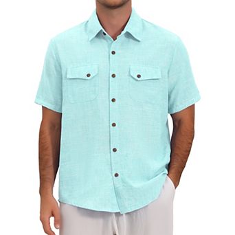 Men's Summer Shirt Dual Chest Pockets Short Sleeve Breathable Linen Shirts