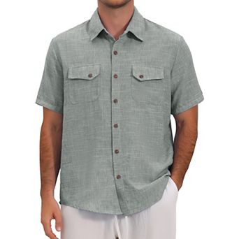 Men's Summer Shirt Dual Chest Pockets Short Sleeve Breathable Linen Shirts