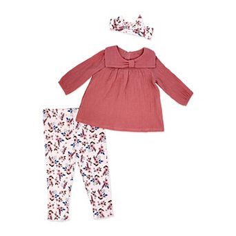 Baby Girls 3 pc Pink Floral Breezy Smock Top, Leggings and Headband Set