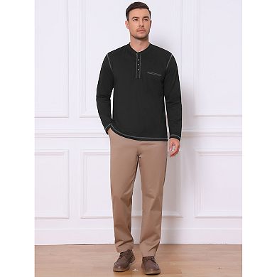 Men's Henley Shirts Long Sleeve Chest Pocket Casual Basic Tee Shirt