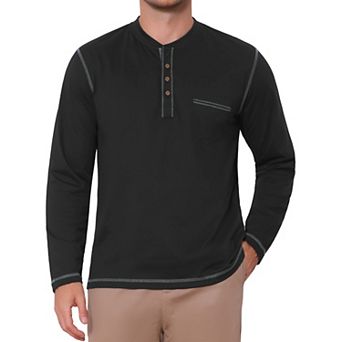 Men's Henley Shirts Long Sleeve Chest Pocket Casual Basic Tee Shirt