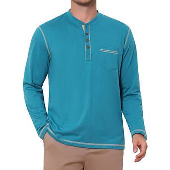 Men's Henley Shirts Long Sleeve Chest Pocket Casual Basic Tee Shirt