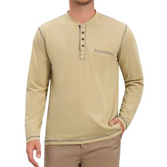 Men's Henley Shirts Long Sleeve Chest Pocket Casual Basic Tee Shirt