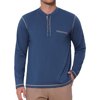 Men's Henley Shirts Long Sleeve Chest Pocket Casual Basic Tee Shirt