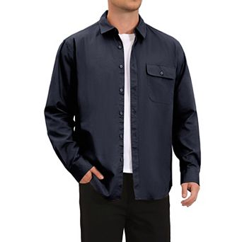 Men's Shirts Long Sleeve Chest Pocket Solid Color Casual Shirt Jacket